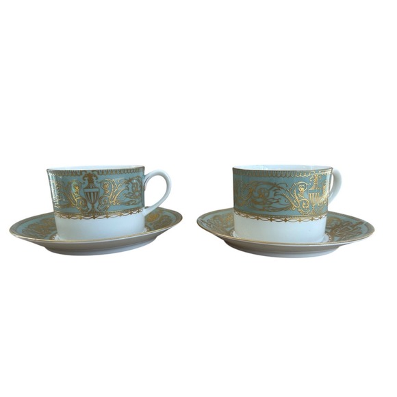 Royal Worcester Balmoral Tea Cups & SaucersTeal Gold Bone China England set /2